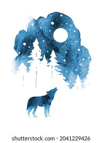 Silhouette of wolf howling at the moon. Watercolor winter landscape with isolated animal, sky, moon and forest in blue color.Design of a t-shirt, banner, postcard, christmas poster