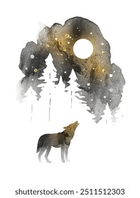 Silhouette of wolf howling at the moon. Watercolor winter landscape with isolated animal, sky, moon and forest in black color. Watercolor wolf vector illustration and splash