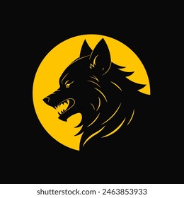 Silhouette of wolf howling at night full moon.