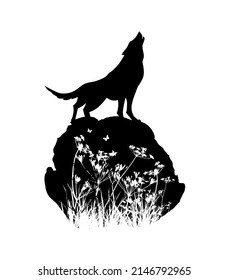 Silhouette of a wolf howling on a stone. Vector illustration