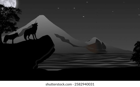 Silhouette of a wolf howling under the full moon. A ship passing by on a calm sea with a mountain view. Suitable for night, fantasy or wilderness themed designs.