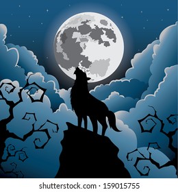 Silhouette Wolf howling under the moon, Halloween Vector 