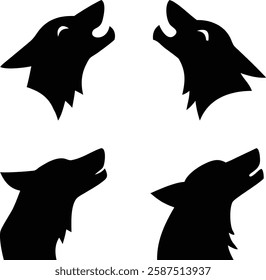 Silhouette Wolf Howling Vector Icons - Set of 4 Howling Wolf Head Silhouettes.