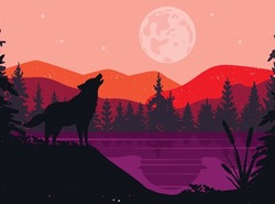 Silhouette Of A Wolf. The Wolf Howls At The Full Moon. Mountain Landscape With Water. Vector. Eps