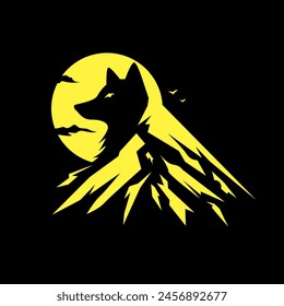 Silueta lobo y luna en la noche con la montaña. Diseño de símbolo de Vector plano de lobo