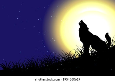 Silhouette of a wolf in the mountains when the moon is shining