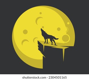 Silhouette of a wolf on the cliff with the moon