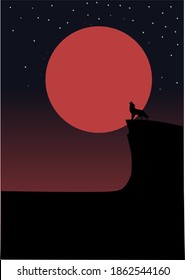 Silhouette wolf on the dark moon
