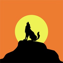 Silhouette Of A Wolf On The Top Of The Montain In Sunset