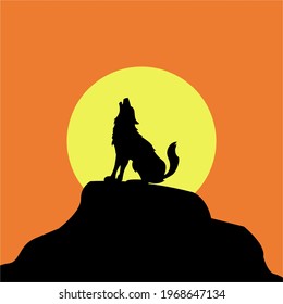 Silhouette Of A Wolf On The Top Of The Montain In Sunset