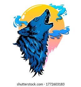 Silhouette of wolf on white background, howling at the full moon. Vector illustration