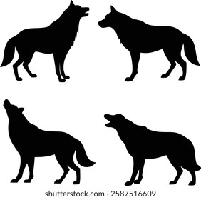 Silhouette Wolf Pack: Four Unique Wolf Poses in Black Silhouette Vector Art.