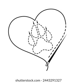 Silhouette of wolf paw and heart with interrupted contour. Vector illustration of handmade work with embroidery thread and sewing needle on white background.	 svg