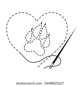 Silhouette of wolf paw and heart with interrupted contour. Vector illustration of handmade work with embroidery thread and sewing needle on white background.	 svg
