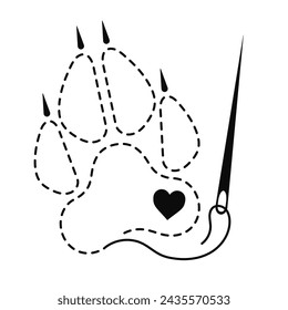 Silhouette of wolf paw with interrupted contour and heart. Vector illustration of handmade work with embroidery thread and sewing needle on white background.	 svg