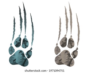 silhouette of a wolf paw with scratches. Inside a forest landscape with a howling wolf. White background 