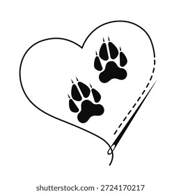 Silueta de patas de lobo y corazón. Ilustración vectorial de trabajo hecho a mano con hilo de bordar y aguja de coser sobre fondo blanco.	