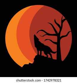silhouette of a wolf roaring on a rock against an orange background