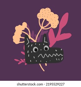 Silhouette of a wolf 's head against a background of flowers in the dark . Vector illustration