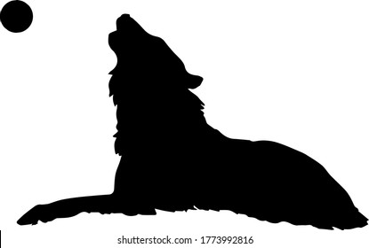 The silhouette of a wolf that lies howling at the moon