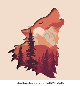 Silhouette of the wolf. Wild nature. Silhouette of a wolf and wildlife. Logo. Vector illustration. multi-layer image.