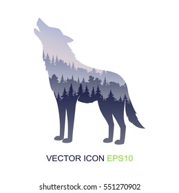 Silhouette of the wolf. Wild nature. Silhouette of a wolf and wildlife. Logo. Vector illustration.