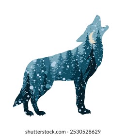 The silhouette of wolf with a winter forest.
