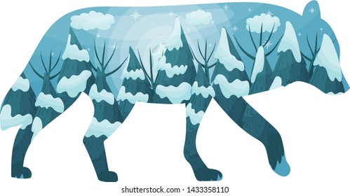 Silhouette of a wolf with a winter landscape inside. Vector illustration on white background.