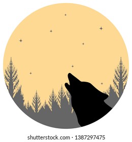 Silhouette of a wolf's head howling against the moon, starry sky and forest. Template for creating a wildlife logo.