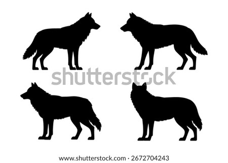 silhouette of wolves animals standing in various poses