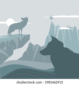 silhouette wolves in mountains landscape moon