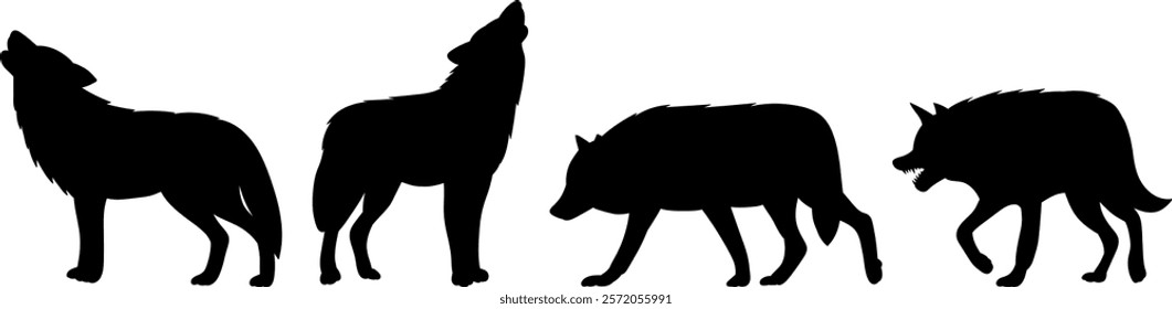 silhouette wolves walking, wolves howling on white background vector