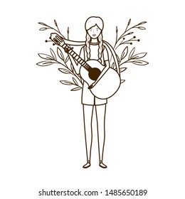 silhouette of woman with acoustic guitar on white background