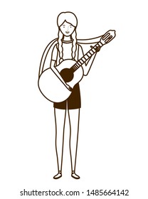 silhouette of woman with acoustic guitar on white background