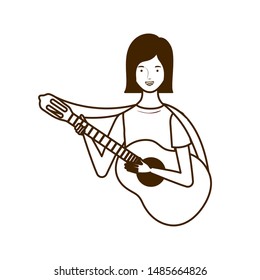 silhouette of woman with acoustic guitar on white background