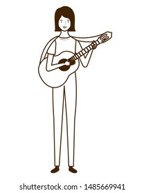 silhouette of woman with acoustic guitar on white background