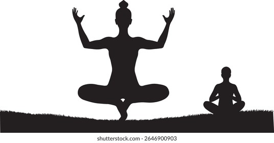 Silhouette of a woman in advanced yoga pose, with a beginner in a seated pose, on a grassy field