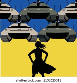 The silhouette of a woman is akimbo to block the tanks in front of her with the color of the Ukrainian flag, symbolizing standing with Ukraine. Vector.
