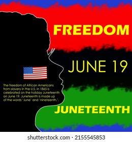 Silhouette Of A Woman With An American Flag On Her Cheek On A Red, Black, Green And Blue Background With Bold Texts, Juneteenth June 19