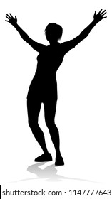 A silhouette woman with arms raised in praise or triumph