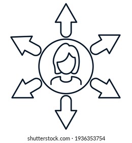 Silhouette of a woman, arrows. Distributor business woman concept. Vector icon isolated on white background. 