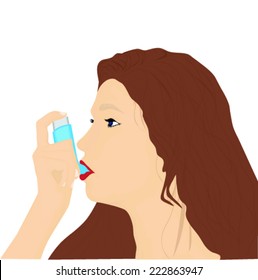 Silhouette of woman  / Asthmatic person pushing medical inhaler on white background