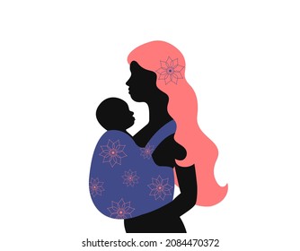 Silhouette of woman with baby sling in profile isolated. Young mother with long hair and child in baby carrier. Abstract flower design. Vector illustration.