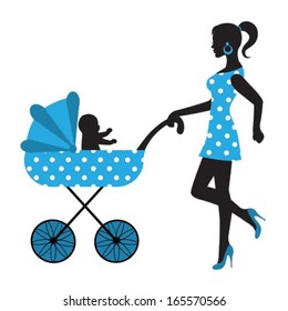 Silhouette Of A Woman With A Baby In A Stroller