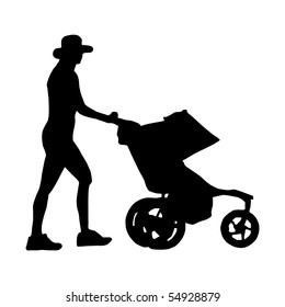 Silhouette Of A Woman With A Baby Stroller