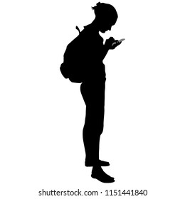 Silhouette Of A Woman With Backpack With Phone Hands