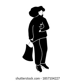 Silhouette of a woman with a bag. Vector illustration.