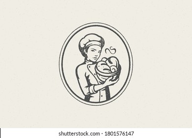 Silhouette de mujer panadera con uniforme de chef con contenedor de bollos frescos trabajan en panadería efecto de estampado a mano efecto de vectores. Textura de grano vintage para el diseño de embalajes o decoración de etiquetas.