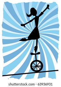 Silhouette of Woman balancing on unicycle on rope, vector illustration