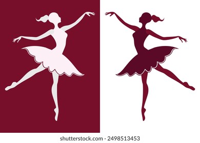 Silhouette of Woman Ballet Dancer. Isolated on Red and White. Woman Ballet Dancer Silhouette Style Vector Illustration